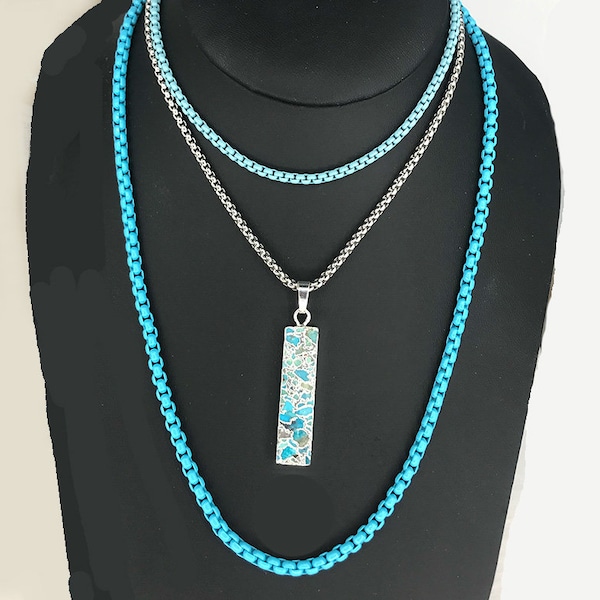 TURQUOISE WATERS Silver & Turquoise BAR Pendant Necklace * Layered Necklaces * Blues * Enamel Box Chain * Rectangle Bar Pendant *