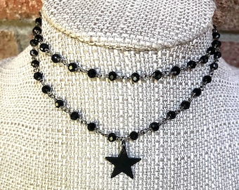 MIDNIGHT STAR Black Star Choker,  Double Black Star Necklace,   All Black Necklace,  All Black Star Double Choker