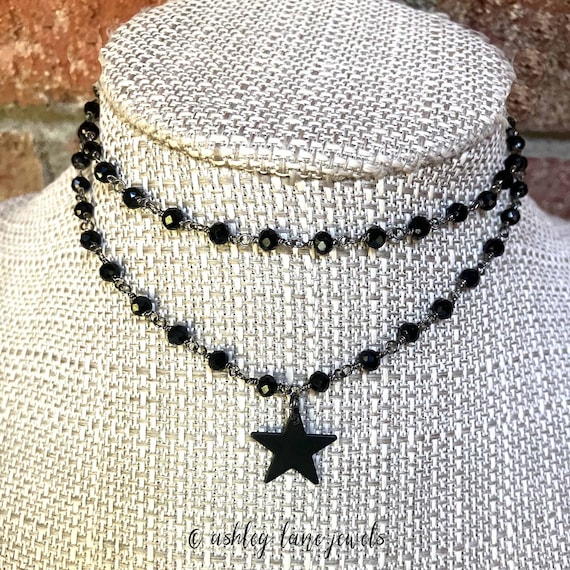 MIDNIGHT STAR Black Star Choker, Double Black Star Necklace