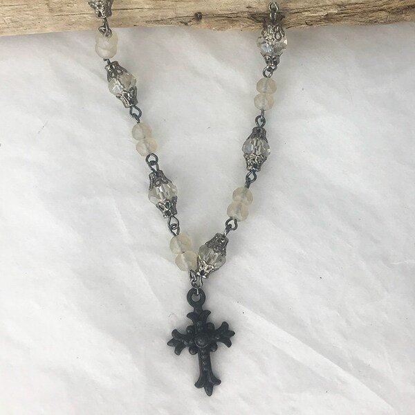 FROSTED BEADS Clear & Beige Gunmetal Satin Bead Chain with Black CROSS * Fancy Crystal Beaded Chain Links * Vintage Look Cross Necklace