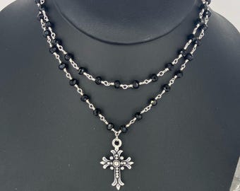 Black & Silver FLEUR CROSS Choker *  Single or Double Layering Necklace