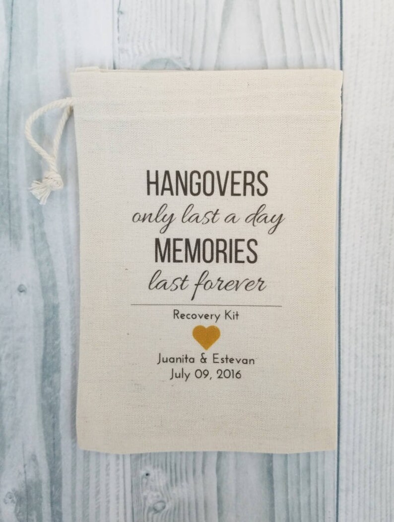 10 Wedding Favors, Bachelorette Party Favor, Hangover Kit, Survival Kit, Birthday Favor Custom - Hangovers Last a Day Memories Last Forever 