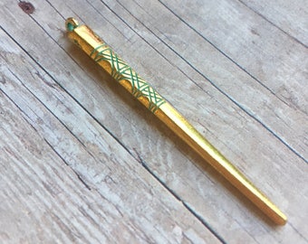 Retro style chopstick shape charm pendant, faux patina over antique gold tone alloy metal, minimalist style, 55x5mm