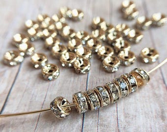5mm AAA grade clear rhinestone crystal rondelle brass spacer, light gold tone spacer, straight edge, six crystals, 20 pieces