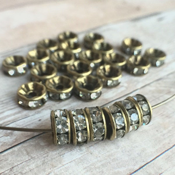 8mm AAA grade clear rhinestone crystal rondelle brass spacer, straight edge, vintage bronze tone brass, six crystals, Choose 10 or 20 pieces