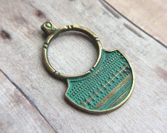 Hand-painted retro bohemian style metal pendant, faux patina color, antique bronze tone base, 23x36mm