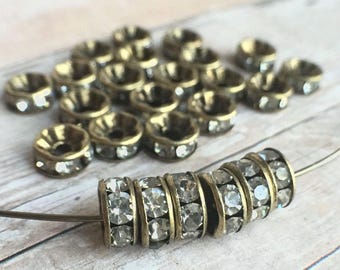 8mm AAA grade clear rhinestone crystal rondelle brass spacer, straight edge, vintage bronze tone brass, six crystals, 20 pieces