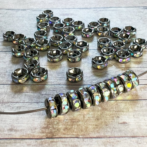 Rare 6mm AAA grade rhinestone crystals AB rondelle brass spacer, straight edge, gun metal color brass, six crystals, choose 10 or 20 pieces