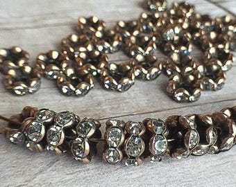 8mm AAA grade clear rhinestone crystal rondelle brass spacer, antique copper tone spacer, wavy edge, six crystals, 20 pieces