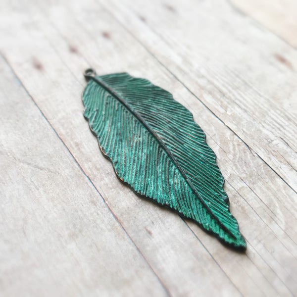 Large leaf pendant, verdigris over dark copper tone alloy metal pendant 72x30mm, 1 piece