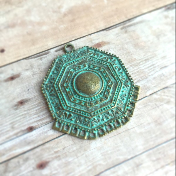 Hand painted octagon pendant, faux patina color, vintage style, bohemian style, boho chic DIY, 42x47mm, 1 piece