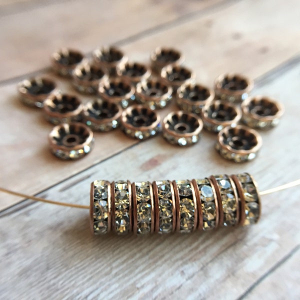 10mm AAA grade clear rhinestone crystals rondelle brass spacer, straight edge, antique copper tone brass, Choose 10 or 20 pieces