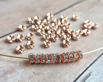 4mm AAA grade clear rhinestone crystal rondelle brass spacer, rose gold tone spacer, wavy edge, six crystals, Choose 20 pieces