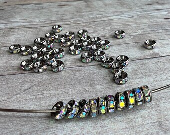 Rare 5mm AAA grade rhinestone crystals AB rondelle brass spacer, straight edge, gun metal color brass, six crystals, 20 pieces