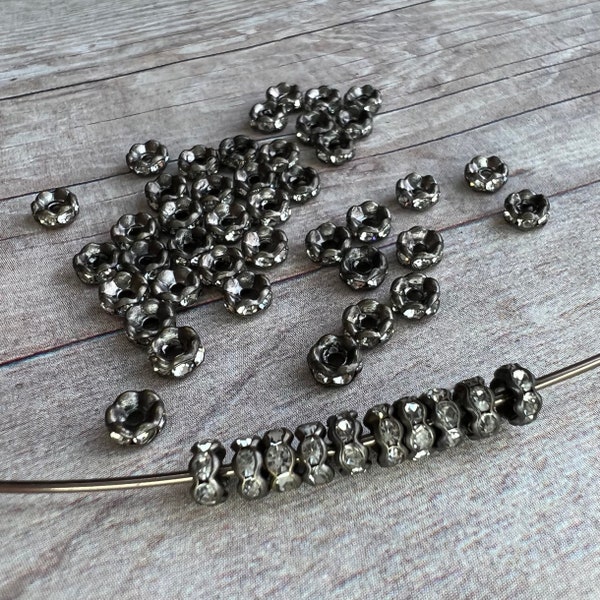 Blacken brass 4mm AAA grade rhinestone crystals rondelle spacer, wavy edge, six crystals, vintage looking, Choose 10 or 20 pieces