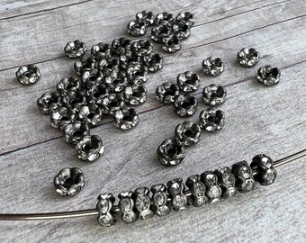 Blacken brass 4mm AAA grade rhinestone crystals rondelle spacer, wavy edge, six crystals, vintage looking, 20 pieces