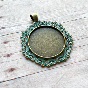 Hand painted Polygon shape faux patina antique bronze tone round bezel pendant tray, 45.5x53x2.5mm, fits round 30mm cameo