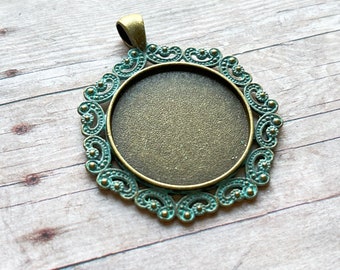 Hand painted Polygon shape faux patina antique bronze tone round bezel pendant tray, 45.5x53x2.5mm, fits round 30mm cameo