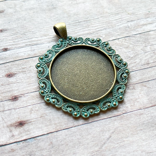 Hand painted Polygon shape faux patina antique bronze tone round bezel pendant tray, 45.5x53x2.5mm, fits round 30mm cameo