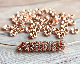 5mm AAA grade clear rhinestone crystal rondelle brass spacer, rose gold tone spacer, wavy edge, six crystals, 20 pieces