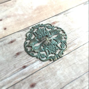 2 pcs Hand painted metal filigree stamping embellishment, faux patina color, sealed 40mm