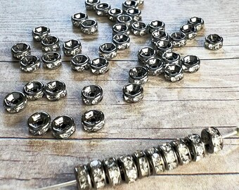 4mm AAA grade clear rhinestone crystals rondelle brass spacer, straight edge, gun metal color brass, six crystals, 20 pieces