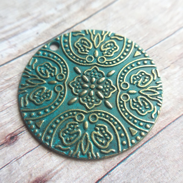 2nd edition-refined hand painted round medallion pendants,  verdigris color, vintage style, bohemian style, 40mm