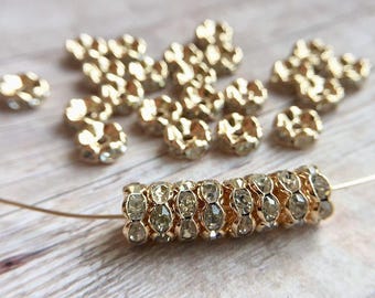 8mm AAA grade clear rhinestone crystal rondelle brass spacer, light gold tone spacer, wavy edge, six crystals, 20 pieces