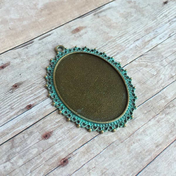 Hand painted faux patina large size vintage style antique bronze tone cameo bezel pendant tray, 41x54mm, fits cameo 30x40mm, 1piece