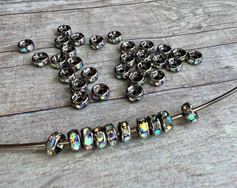 Rare 4mm AAA grade rhinestone crystals AB rondelle brass spacer, straight edge, gun metal color brass, six crystals, 20 pieces