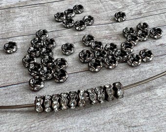 Blacken copper tone 4mm AAA grade clear rhinestone crystal rondelle brass spacer, wavy edge, six crystals, 20 pieces
