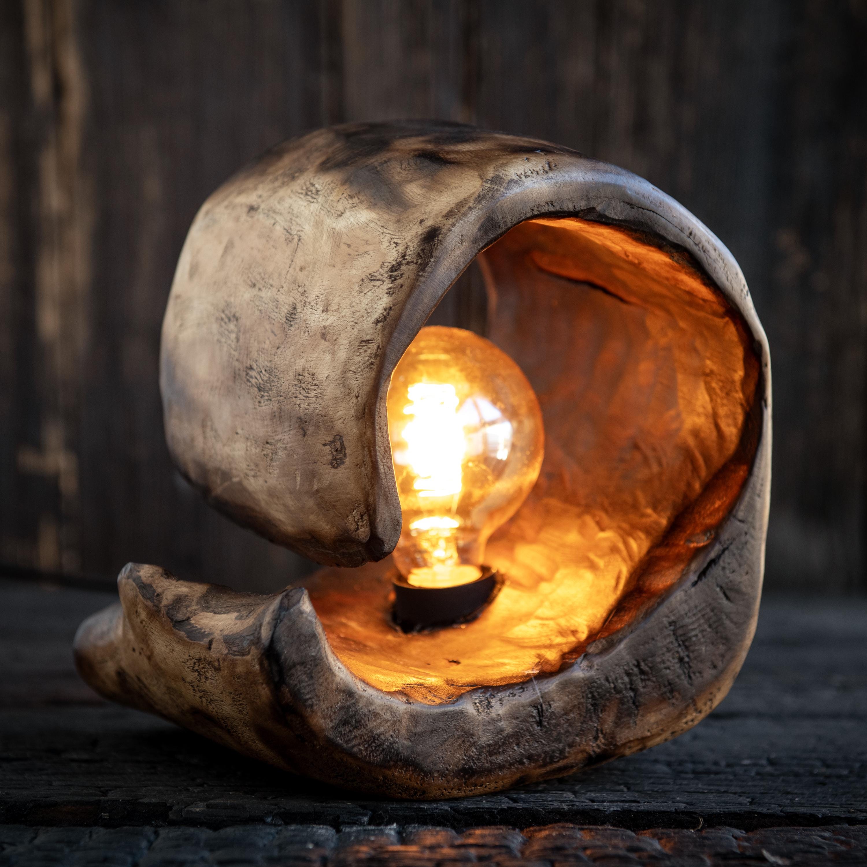 Handmade Burned Walnut Wood Lamp – Rustic Sculptural Lighting, Waxed Natural Finish, Wabi-Sabi Interior Decor