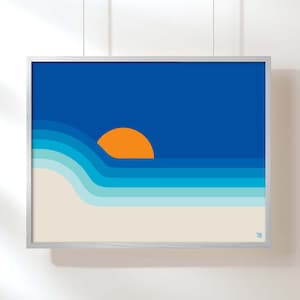 Ocean Dipper, Giclee Print, 70s Stripes, Beach Art, Mid Century Modern, Retro Print, Blue Art, Ocean Landscape, Beach Sunset, Blue Print