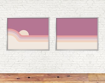Lilac Rainbow Dipper Print Set, Set of 2, 70s Sunset, purple neutral cream, Retro Art, Office Art, Abstract Landscape, Wall Art Set, 70s art