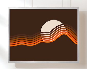 May include: Abstract art print with a brown background and orange and brown wavy lines. A white circle is in the center of the image.