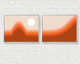 Mid Century Art Mid Century Modern Horizon Print Set, Set of 2, Giclee Print, 70s Sunset, Office Decor, Abstract Landscape, Wall Art Set