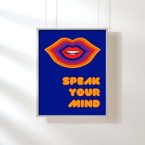 Speak Your Mind Giclee Print, Pop Art, Blue Wall Art, Kids Room Decor, Nursery Art, Lips, Retro Rainbow, Retro Lips