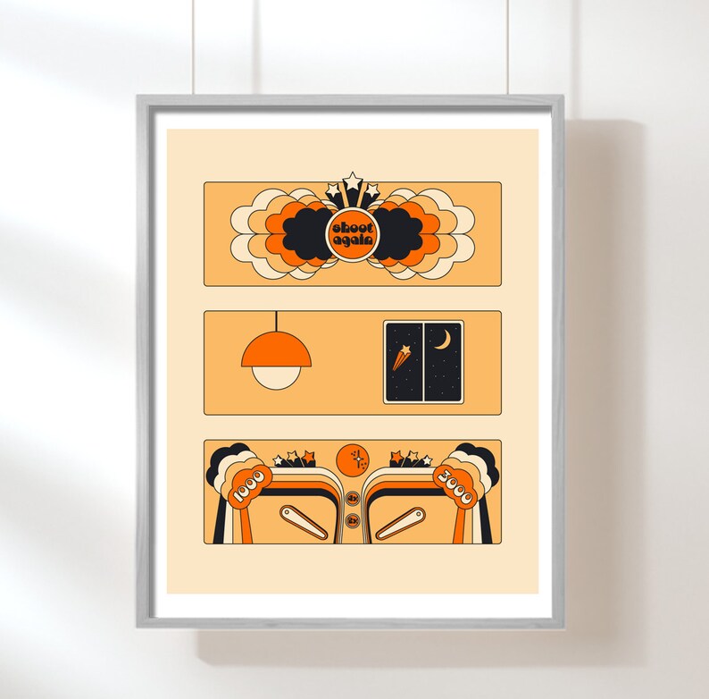 Shooting Stars retro 70s illustration pinball stars sky shooting star orange 70s poster seventies image 2