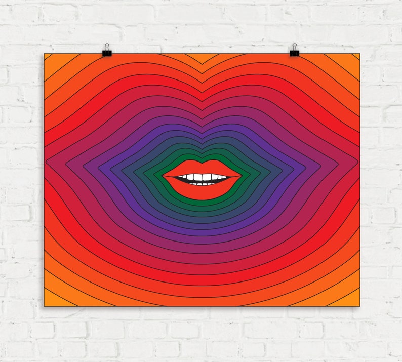 May include: A colorful abstract art print with a red, white, and green mouth in the center. The background is a series of concentric circles in shades of orange, red, purple, and blue.