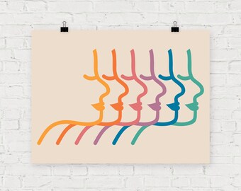 70s Abstract Portrait Print: Rainbow Profile Silhouettes
