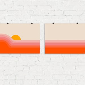 Strawberry Dipper Print Set, Set of 2, 70s Sunset, Mid Century Modern, Retro Art, Office Decor, Abstract Landscape, Wall Art Set