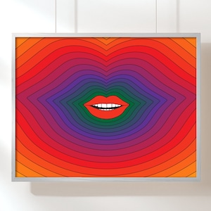 May include: A framed print with a colorful rainbow pattern and a red, white, and green mouth in the center.