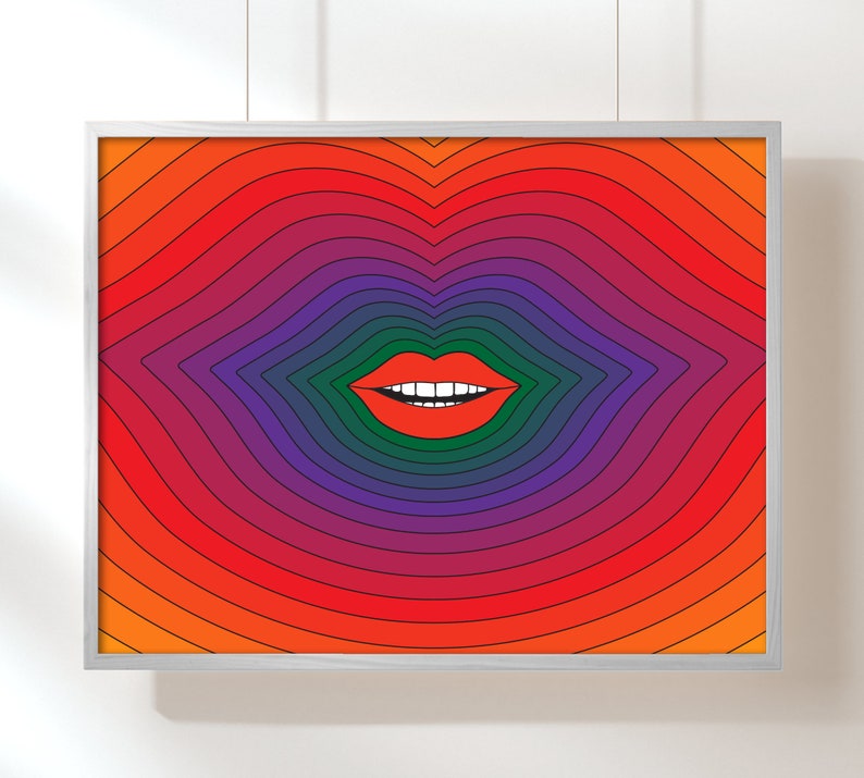 May include: A framed print with a colorful rainbow pattern and a red, white, and green mouth in the center.