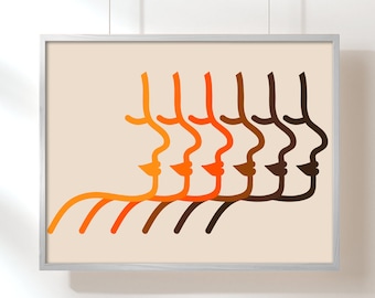 70s Retro Art Print: Golden Silhouette Faces, Feminist Portrait