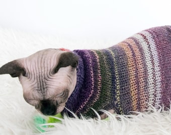 Sphynx Cat Sweater, Soft Cat Sweater, Striped Handmade Cat Clothes, Purple Cat Clothes