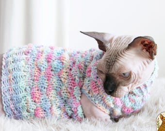 パステルニットの猫用セーター、ハンドメイドウールの猫用セーター、ウールの猫用服、ウールのスフィンクス猫用服、暖かい猫用服、スフィンクス猫用セーター、猫用ギフト