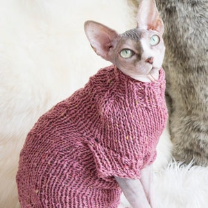 Mauve Noro Yarn Cat Sweater, Soft Wool‑Viscose Knit with Cable Back, Cozy Wool Pet Clothes, Dusty Rose Cat Sweater, Soft Sphynx Cat Gift