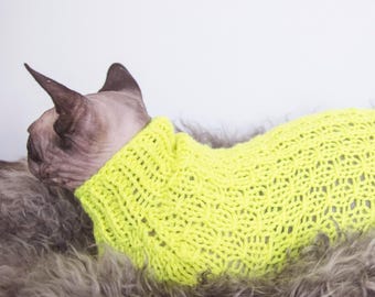 スフィンクス猫用セーター、ケーブルニットウール猫服、黄色い猫用セーター、ウールニット猫服
