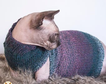 ウール製スフィンクス猫用セーター、ウール製猫服、個性的な猫服、グラデーションスフィンクス猫用セーター