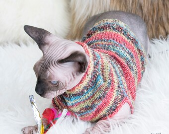Striped Glitter Cat Sweater, Wool Cat Clothes, Speckled Kitty Jumper, Warm Cat Outfit, Colorful Pet Knit, Gift for Cats, Wool Sphynx Sweater